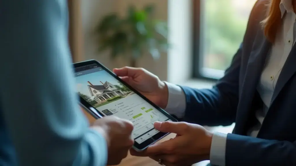 gestão para loteadoras: A composição da cena é focada em um plano médio, com os indivíduos posicionados frente a frente, criando um ponto de convergência natural no tablet que ambos seguram. A pessoa à direita, trajando um blazer, segura o dispositivo, enquanto a pessoa à esquerda interage com a tela, sugerindo uma troca de informações ativa ou uma apresentação de opções de moradia