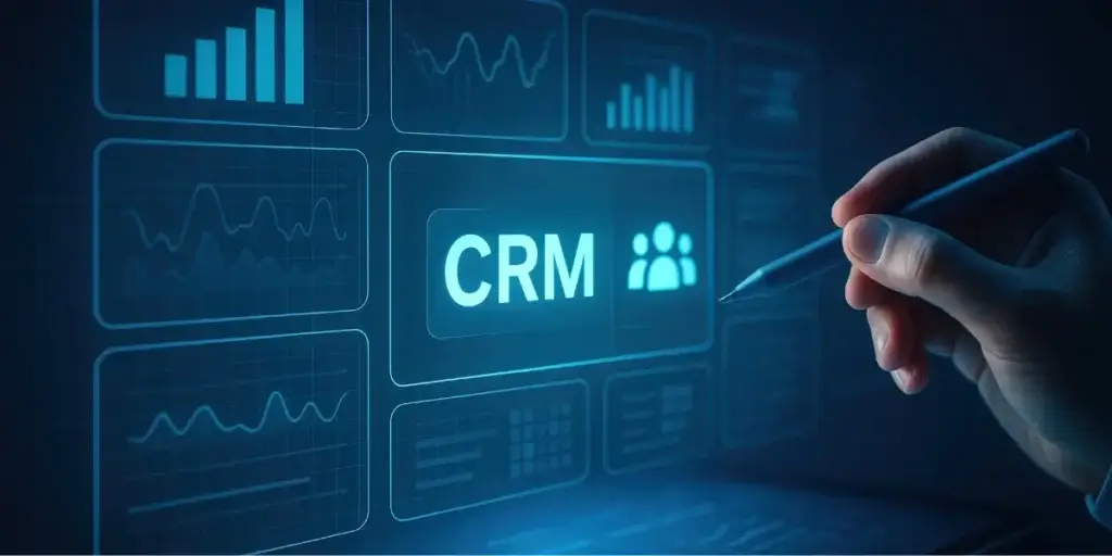 implantar CRM imobiliário implantar CRM imobiliário: a composição é organizada em uma grade de painéis digitais. No centro, o termo "CRM" é exibido com destaque, acompanhado por um ícone de grupo de pessoas, enquanto gráficos de linhas e barras ocupam os quadros periféricos. A interação ocorre no lado direito, onde uma mão estendida usa uma caneta stylus para tocar ou interagir diretamente com a interface projetada,