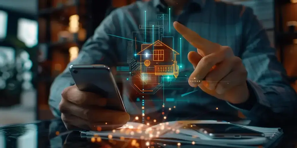 Inteligência de mercado imobiliário: a imagem monstra um homem sentado, segurando um smartphone, de onde sai um holograma que flutua entre o aparelho segurado na mão esquerda e o dedo indicador da mão direita, que toca a interface como se estivesse manipulando dados.