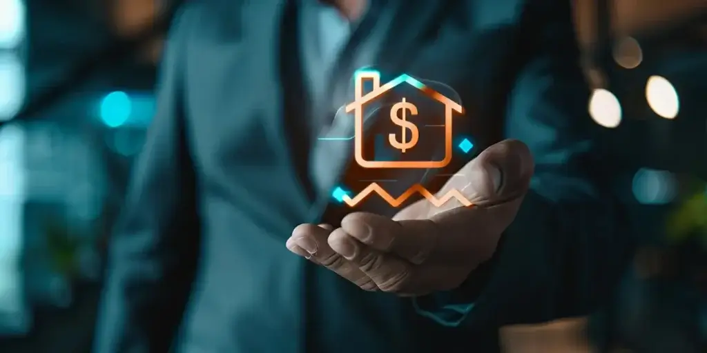 Como aplicar inteligência de mercado imobiliário com IA: um homem está com a mão estendida para frente, e em cima mão flutua uma imagem 3D de uma miniatura de casa com um cifrão.