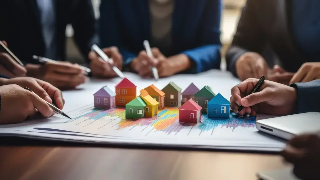 jornada de compra de imóvel: A composição da cena é centrada em uma mesa de escritório, onde um documento com gráficos coloridos é o foco principal. Pequenas casas coloridas estão dispostas sobre os gráficos. mãos de várias pessoas, vestindo ternos e blusas formais, aparecem nas bordas da imagem, com canetas prontas para anotar ou apontar para o documento.