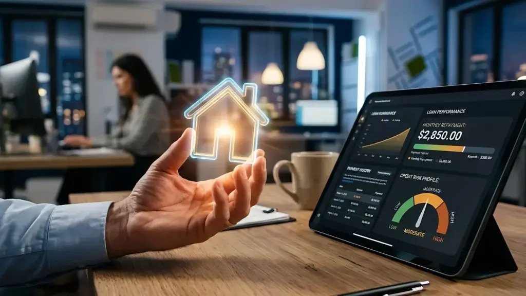 Dados de vendas imobiliárias: imagem mostra uma mão em primeiro plano, segurando um holograma em formato de casa. Há um tablet com gráficos financeiros posicionado à direita. Na mesa tem uma caneca e um bloco de anotações. Ao fundo, desfocada, uma mulher está sentada numa mesa em frente a um computador.