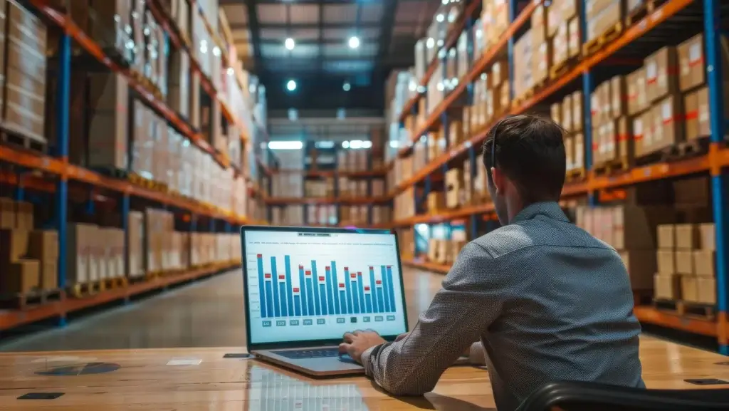 Dados de vendas imobiliárias: Um homem sentado em uma mesa com um laptop, onde a tela está cheia de gráficos. Ele está em um armazém lotado de caixas em prateleiras altas.