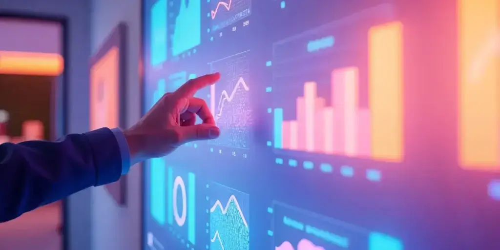 Nova era do CRM 8.0: A composição da cena mostra o braço de uma pessoa usando um traje formal ou uniforme, com o dedo apontando ou tocando a tela. A ação sugere uma análise ou manipulação de dados em tempo real, com elementos de interface que parecem flutuar e destacar-se. O foco está na interação entre o usuário e o display, com a tela ocupando uma grande parte do quadro e criando uma sensação de profundidade. A composição transmite dinamismo e inovação, com uso de diagonais e foco centralizado na ação do dedo.